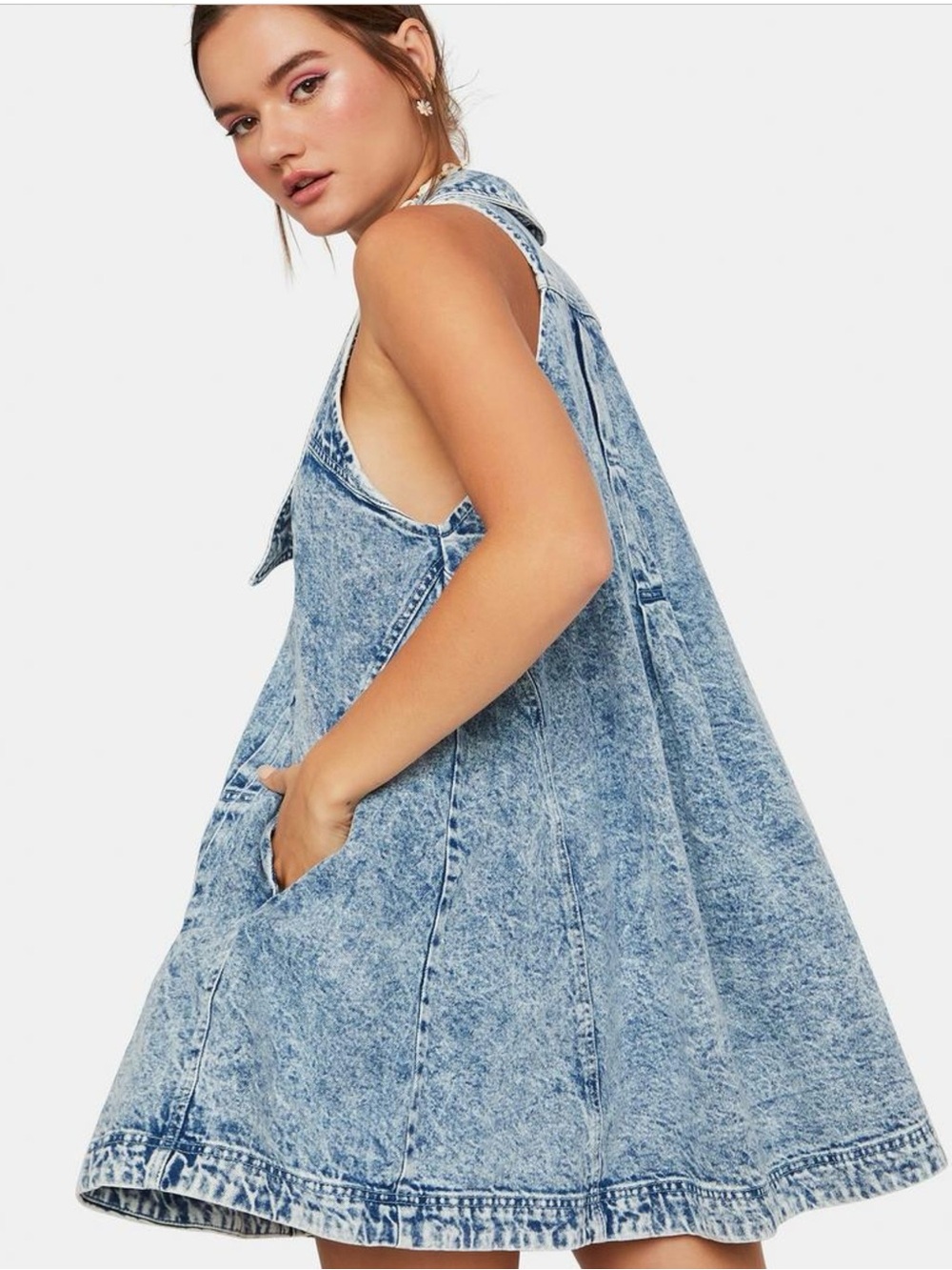 Free People Katie Denim Acid Wash Halter Mini Dress in Light Blue Size Medium - Picture 2 of 14